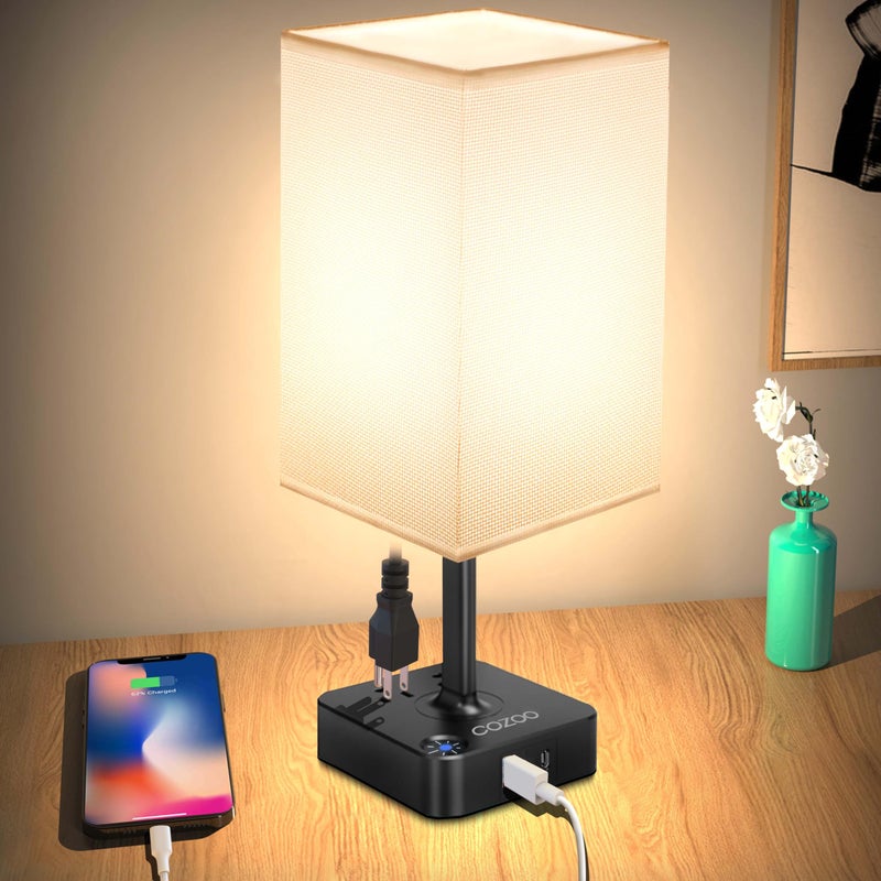 COZOO 3 Way Dimmable Touch Bedside Table Lamp with 2 USB Charging Ports 2 Outlets Power Strip,Black Charger Base White Fabric Shade,LED Desk Night Light for Bedroom/Nightstand/Living Room/College Dorm - Image 1